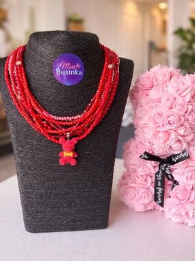 Red Multi-Strand Beaded Necklace with Teddy Charm